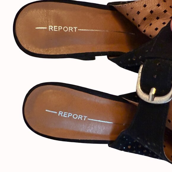 Report Black Chunky Block Heels Larz Sandals 8.5 Perforated Design Faux Suede - Picture 7 of 10